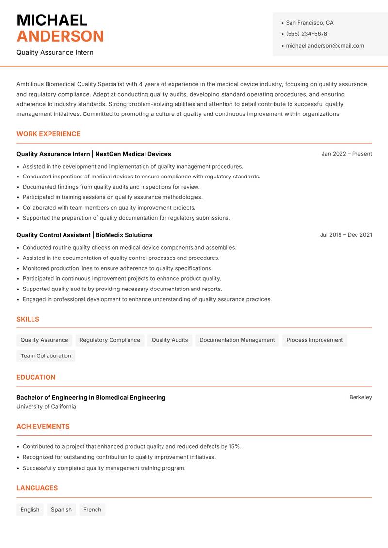 Biomedical Quality Specialist resume template — Modern Professional