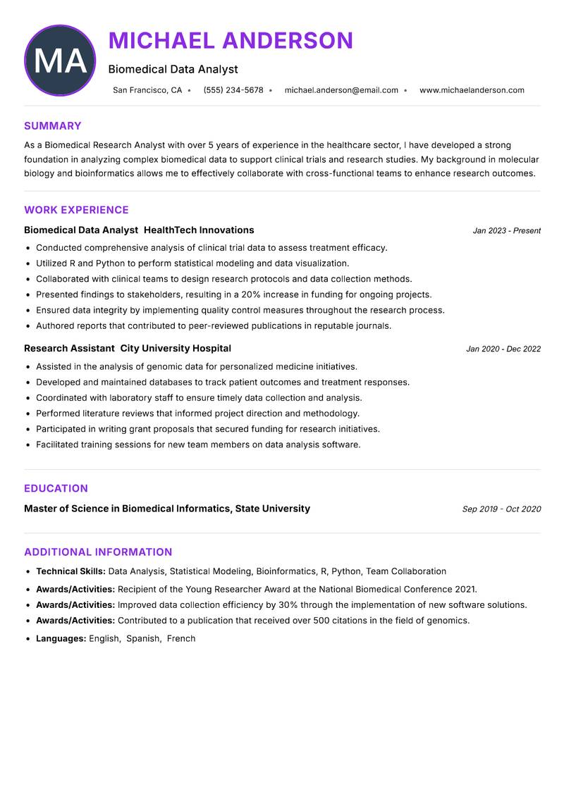 Biomedical Research Analyst resume example — ATS-friendly template