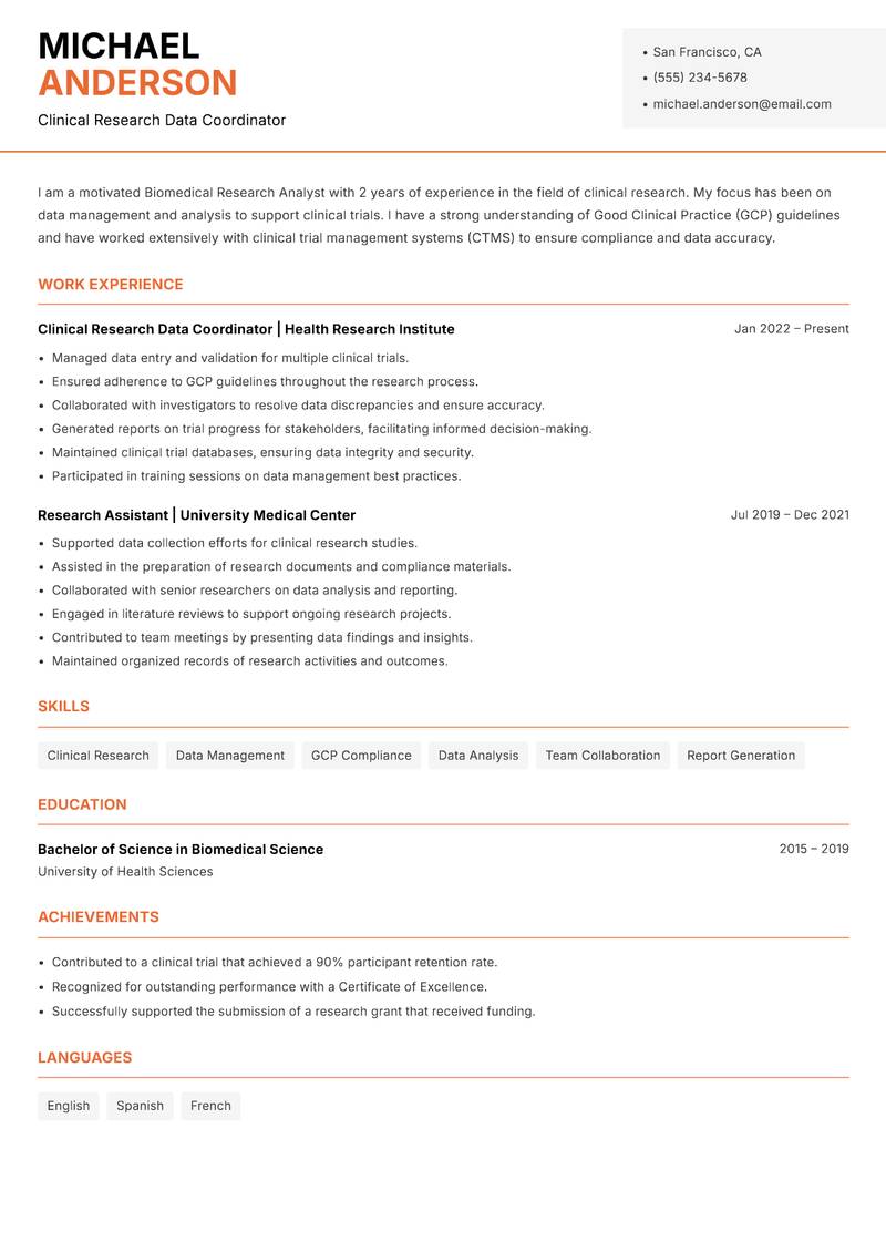 Biomedical Research Analyst resume template — Modern Professional