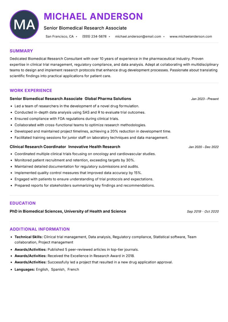 Biomedical Research Consultant resume example — ATS-friendly template