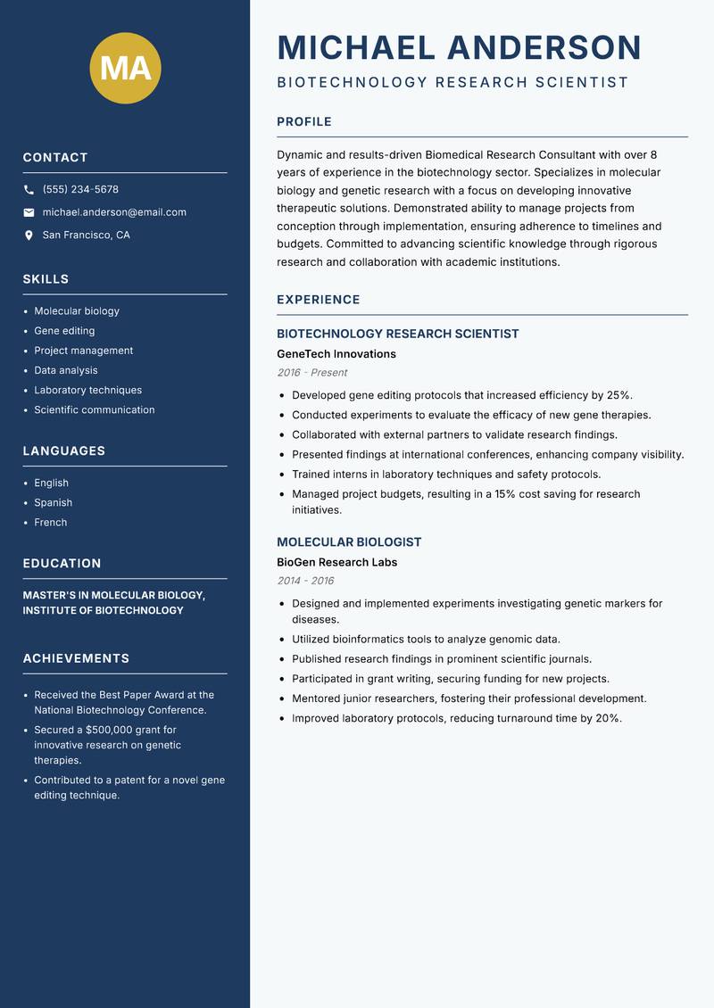 Biomedical Research Consultant resume template — Classic Clean