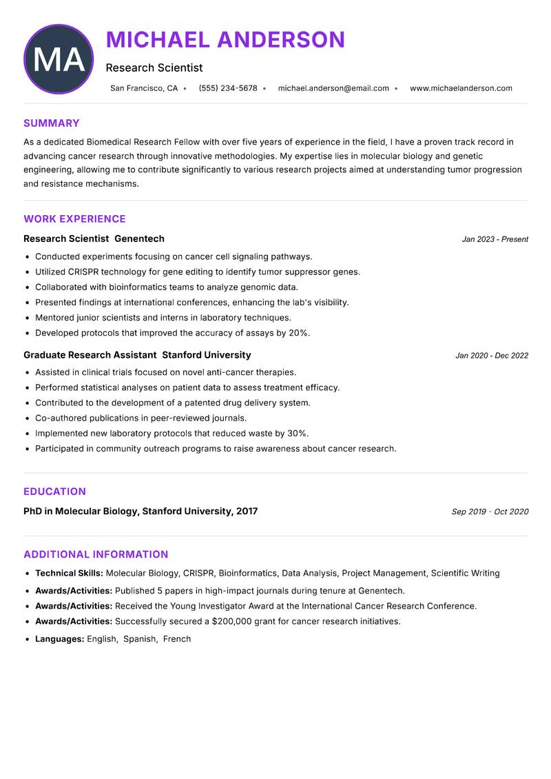 Biomedical Research Fellow resume example — ATS-friendly template