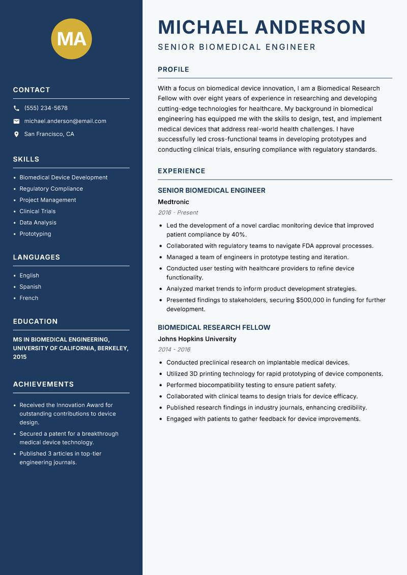 Biomedical Research Fellow resume template — Classic Clean