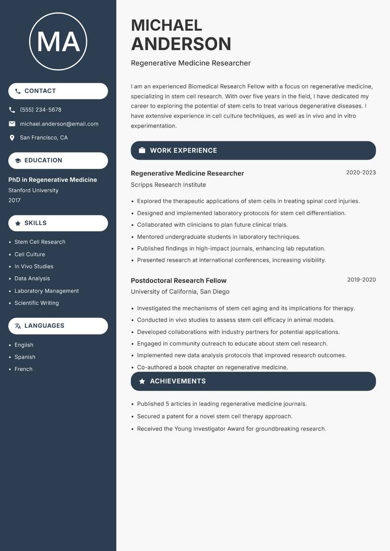 Biomedical Research Fellow resume template — Compact