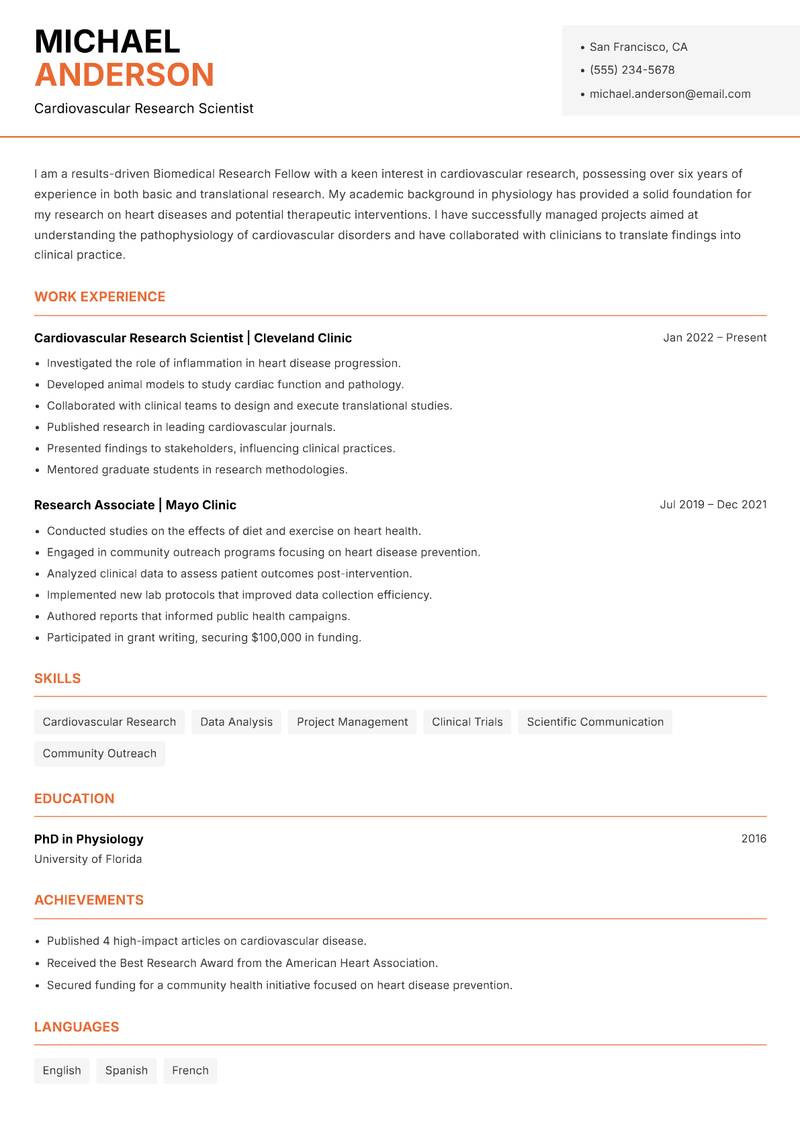 Biomedical Research Fellow resume template — Modern Professional