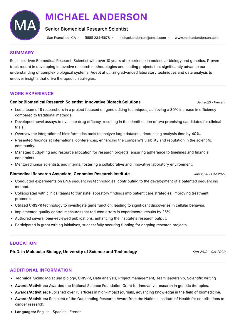 Biomedical Research Scientist resume example — ATS-friendly template