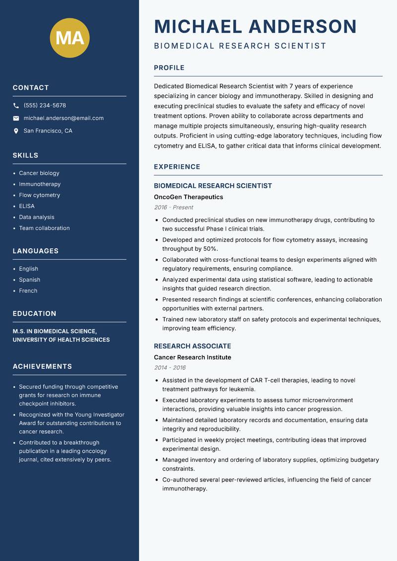 Biomedical Research Scientist resume template — Classic Clean