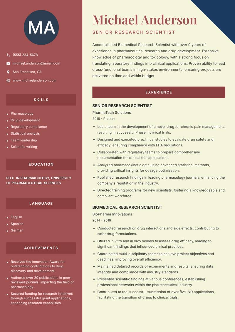 Biomedical Research Scientist resume template — Two Column