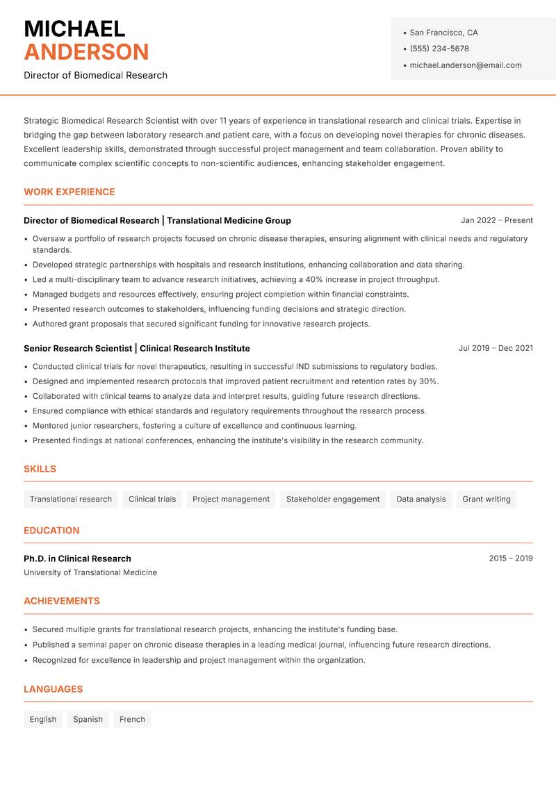 Biomedical Research Scientist resume template — Modern Professional