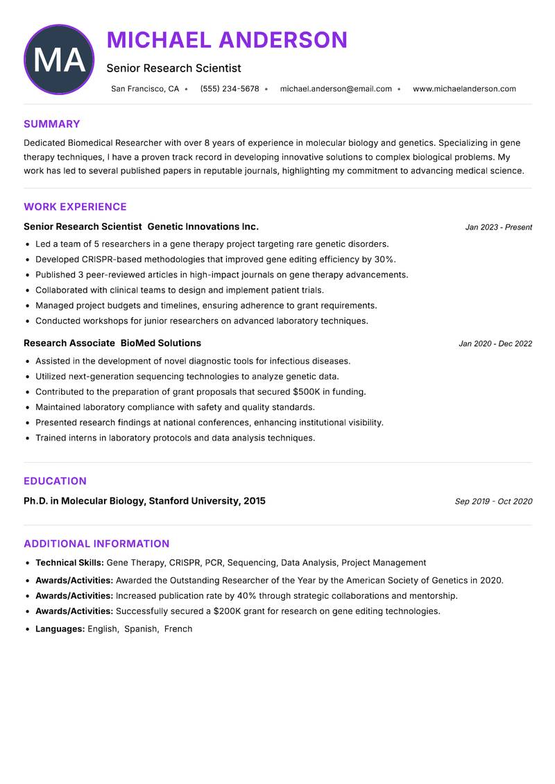 Biomedical Researcher resume example — Medical Research