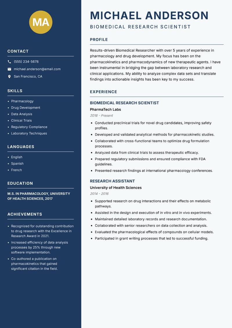 Biomedical Researcher resume template — Classic Clean