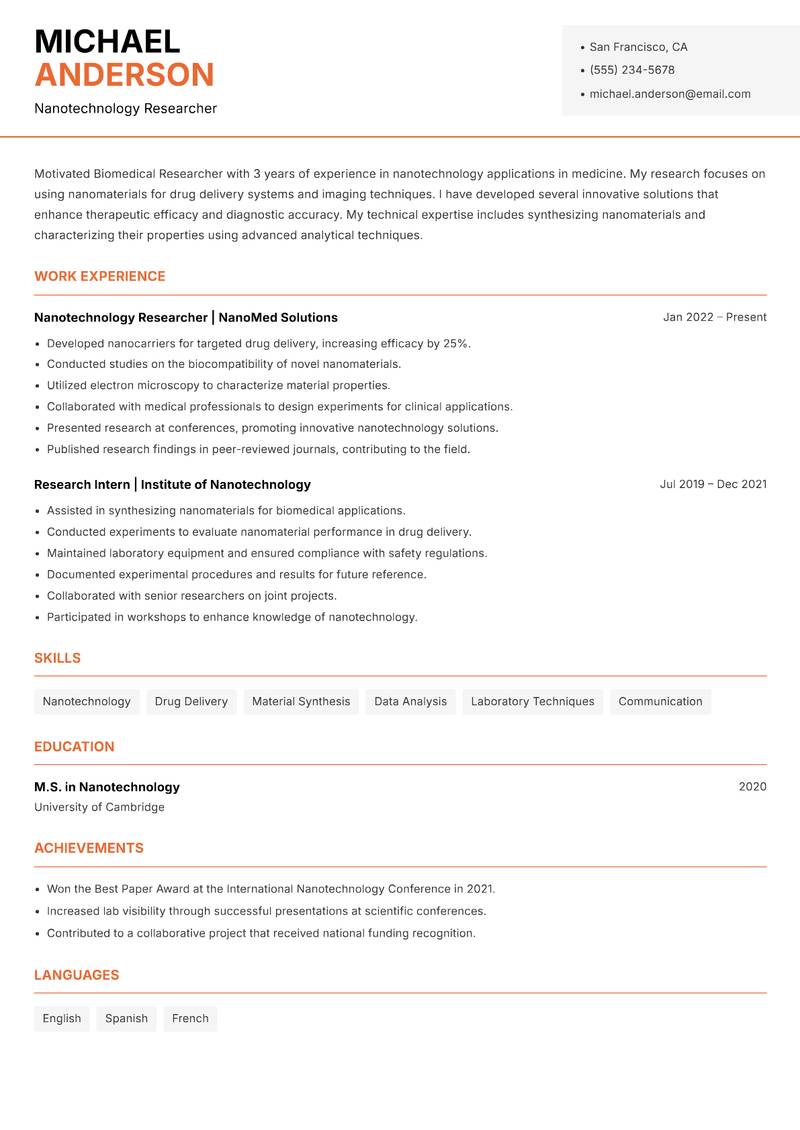 Biomedical Researcher resume template — Modern Professional