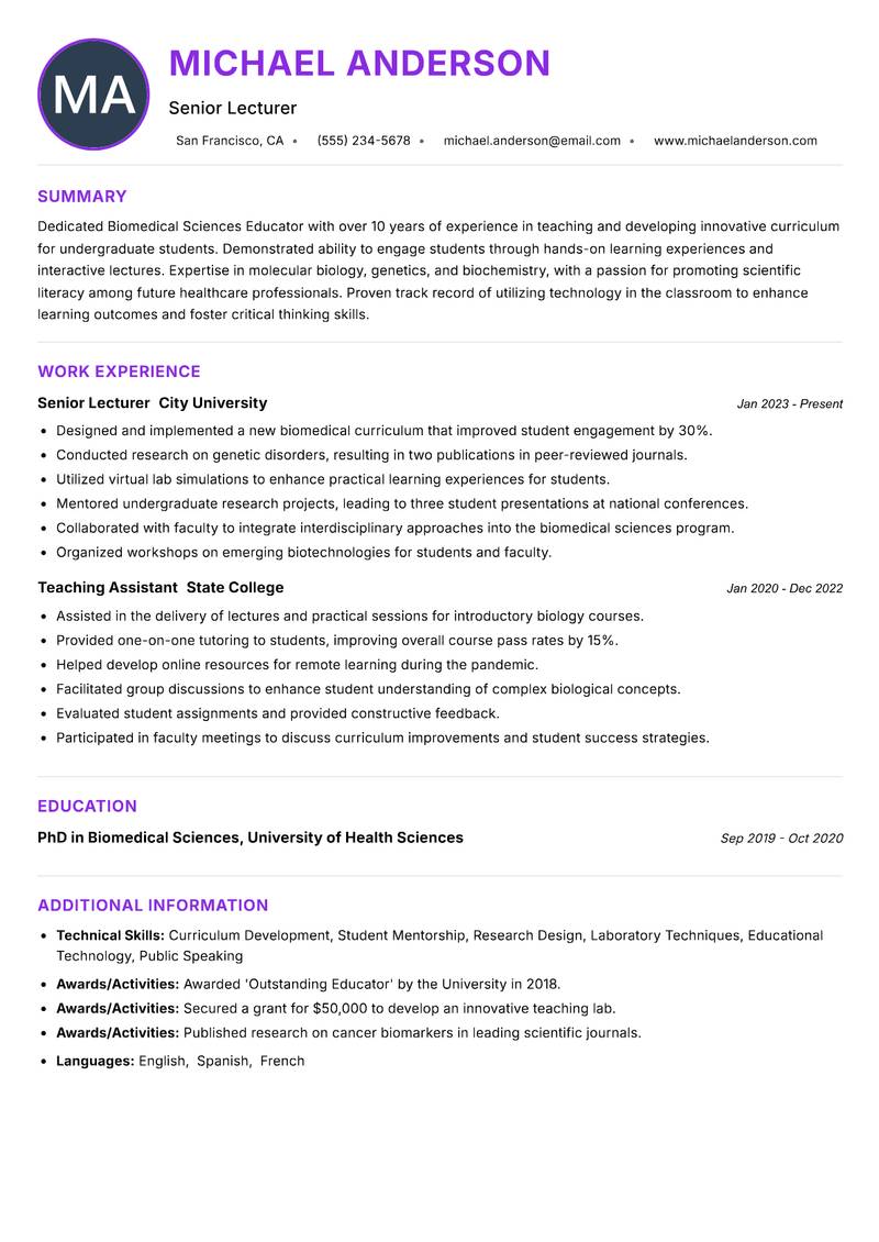Biomedical Sciences Educator resume example — ATS-friendly template