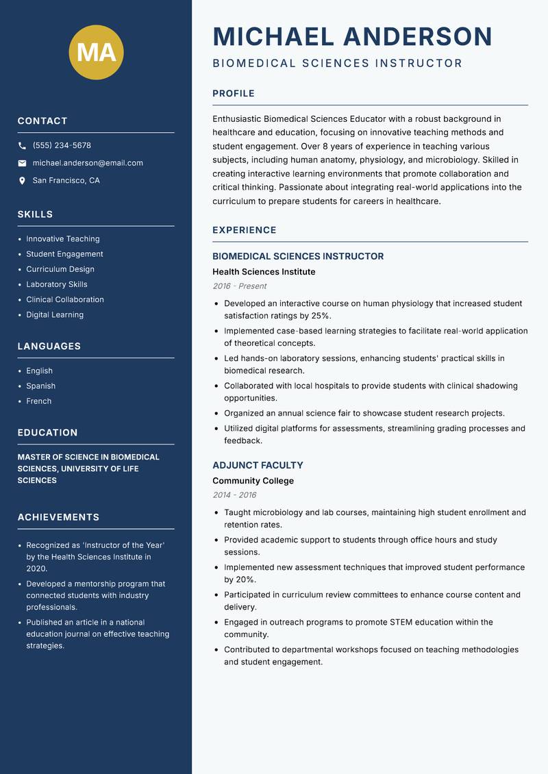 Biomedical Sciences Educator resume template — Classic Clean
