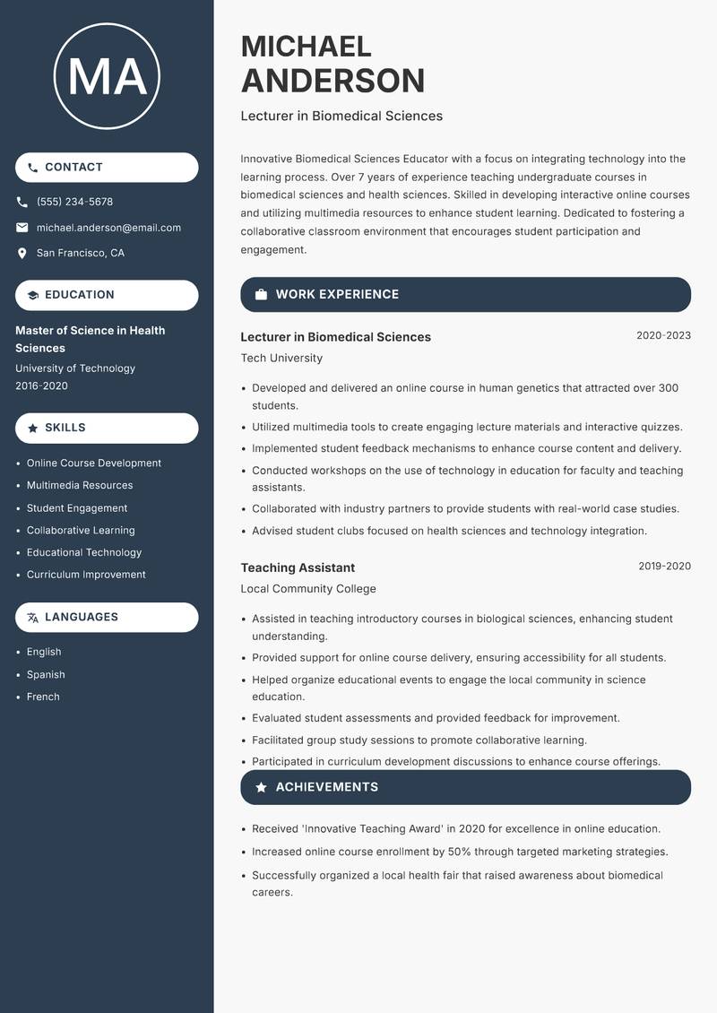 Biomedical Sciences Educator resume template — Compact