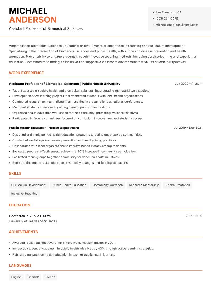 Biomedical Sciences Educator resume template — Modern Professional