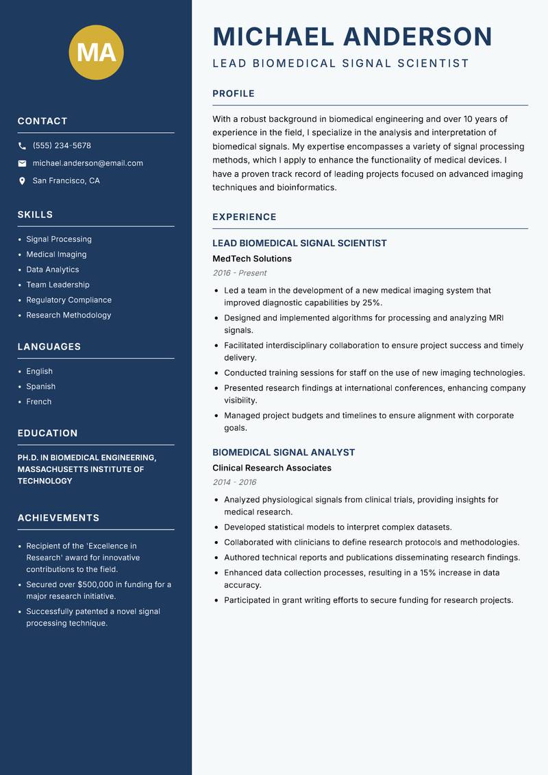 Biomedical Signal Scientist resume template — Classic Clean