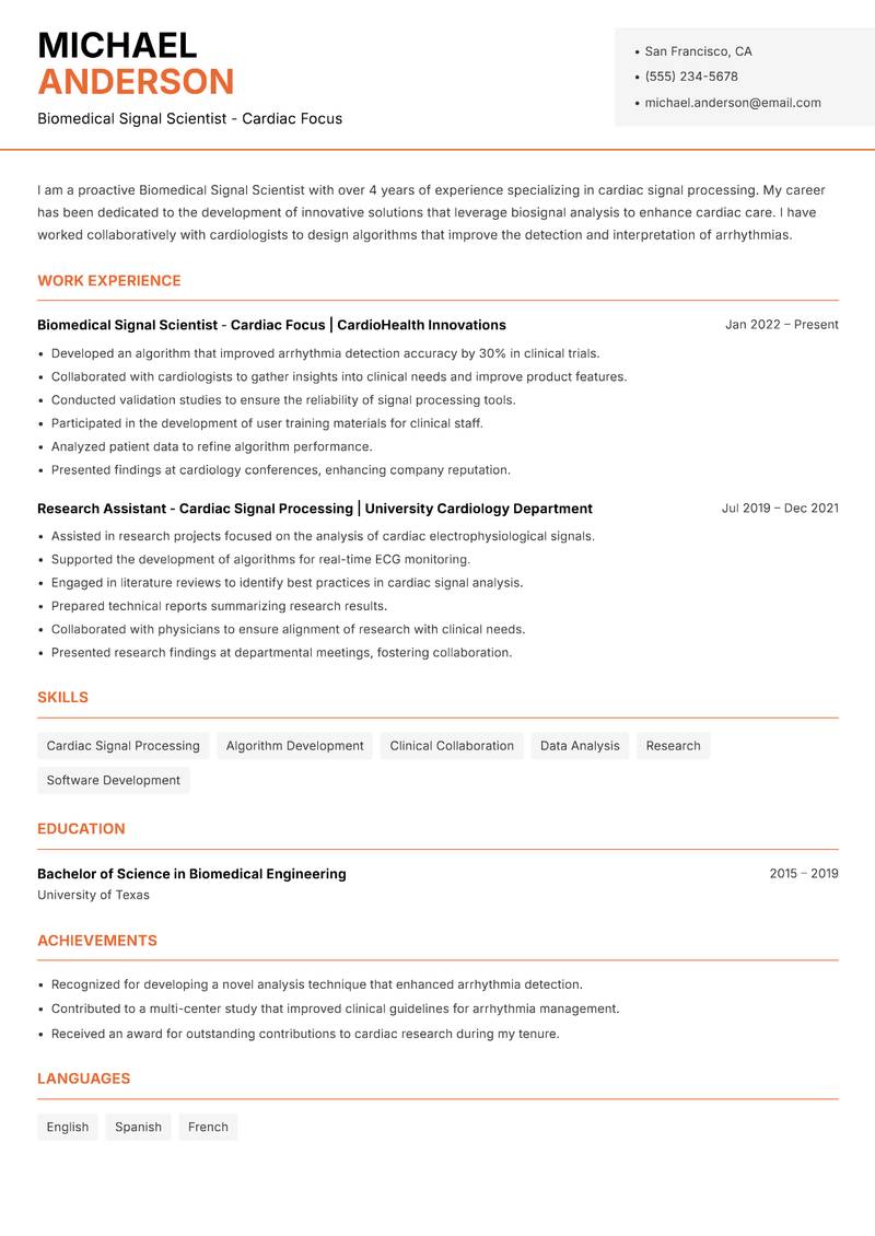 Biomedical Signal Scientist resume template — Modern Professional