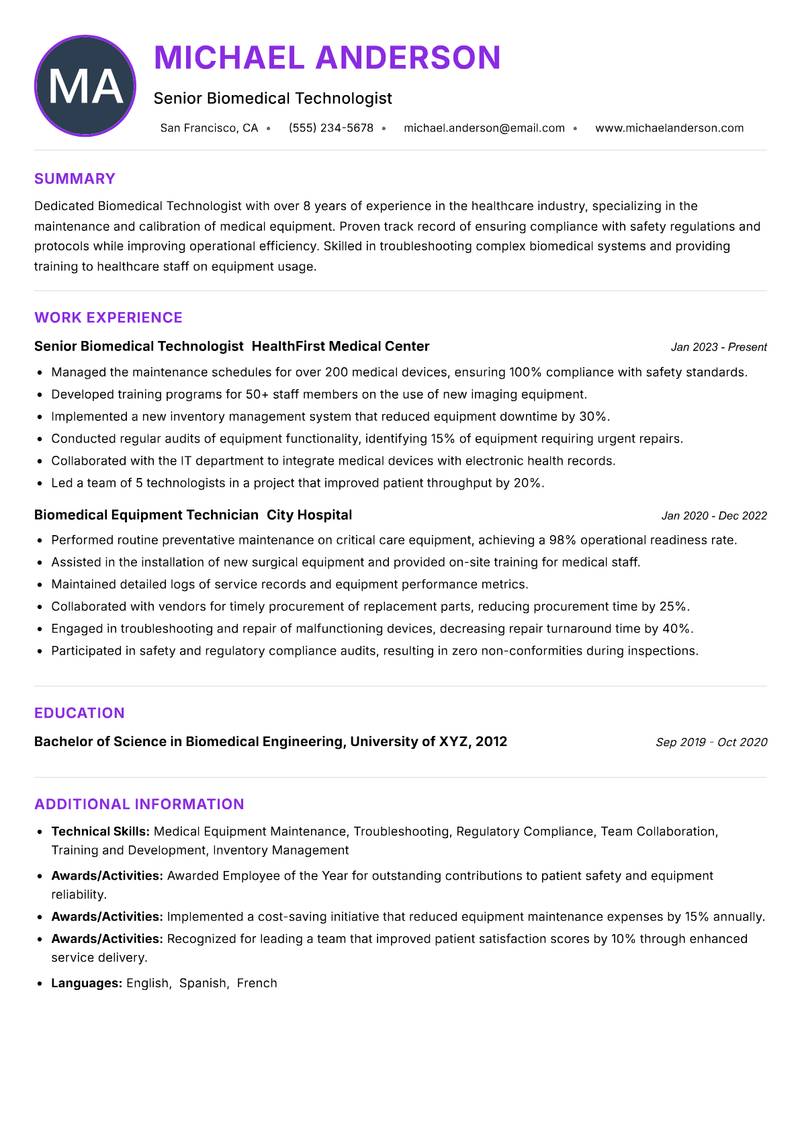 Biomedical Technologist resume example — ATS-friendly template