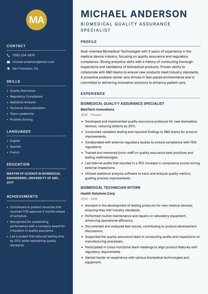 Biomedical Technologist resume template — Classic Clean