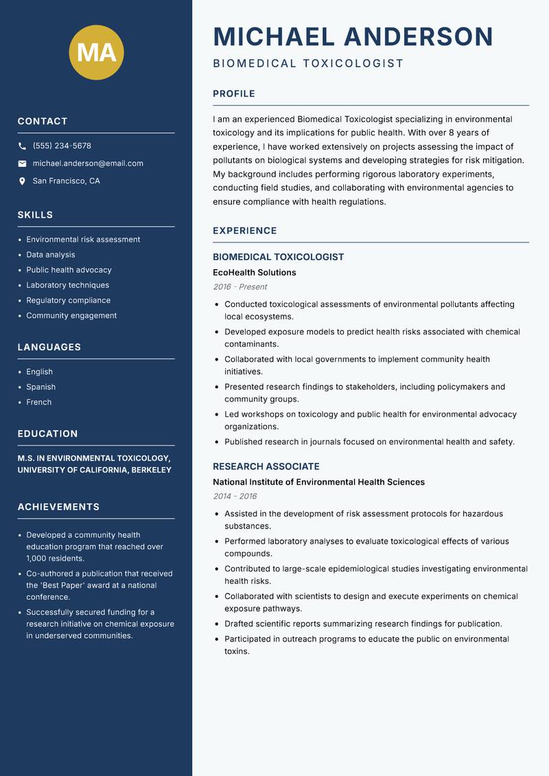 Biomedical Toxicologist resume template — Classic Clean