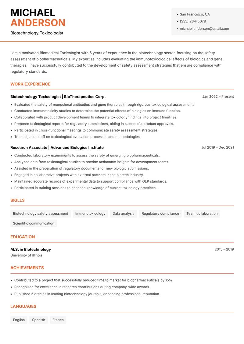 Biomedical Toxicologist resume template — Modern Professional