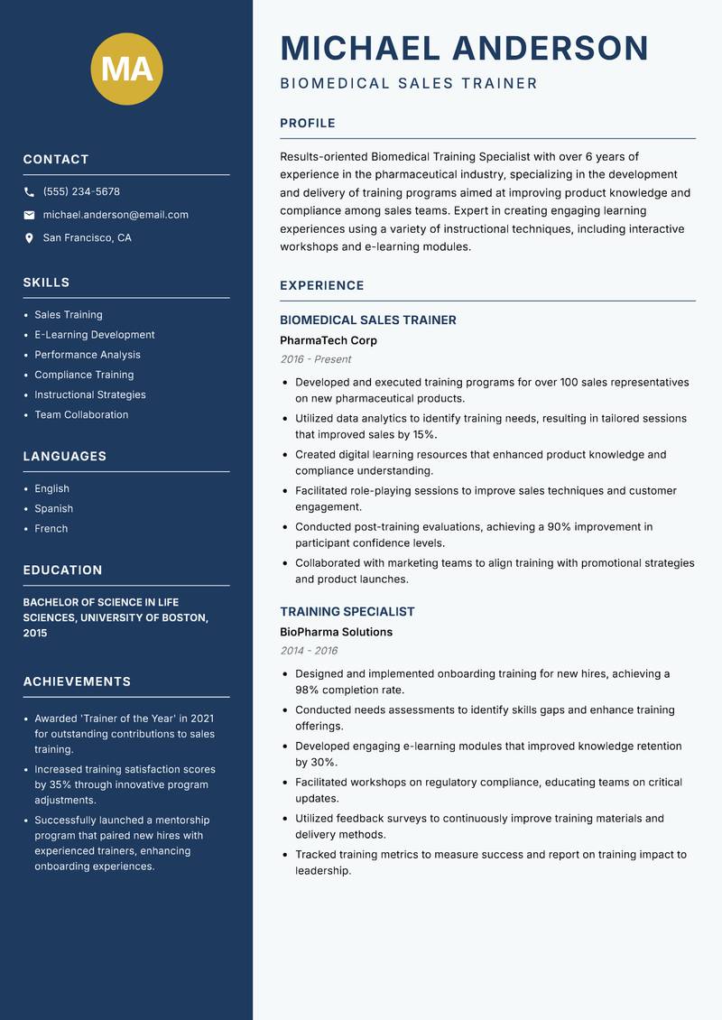 Biomedical Training Specialist resume template — Classic Clean