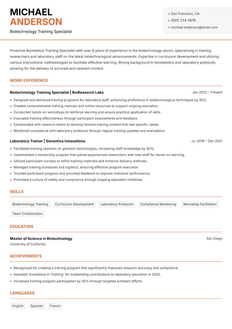 Biomedical Training Specialist resume template — Modern Professional