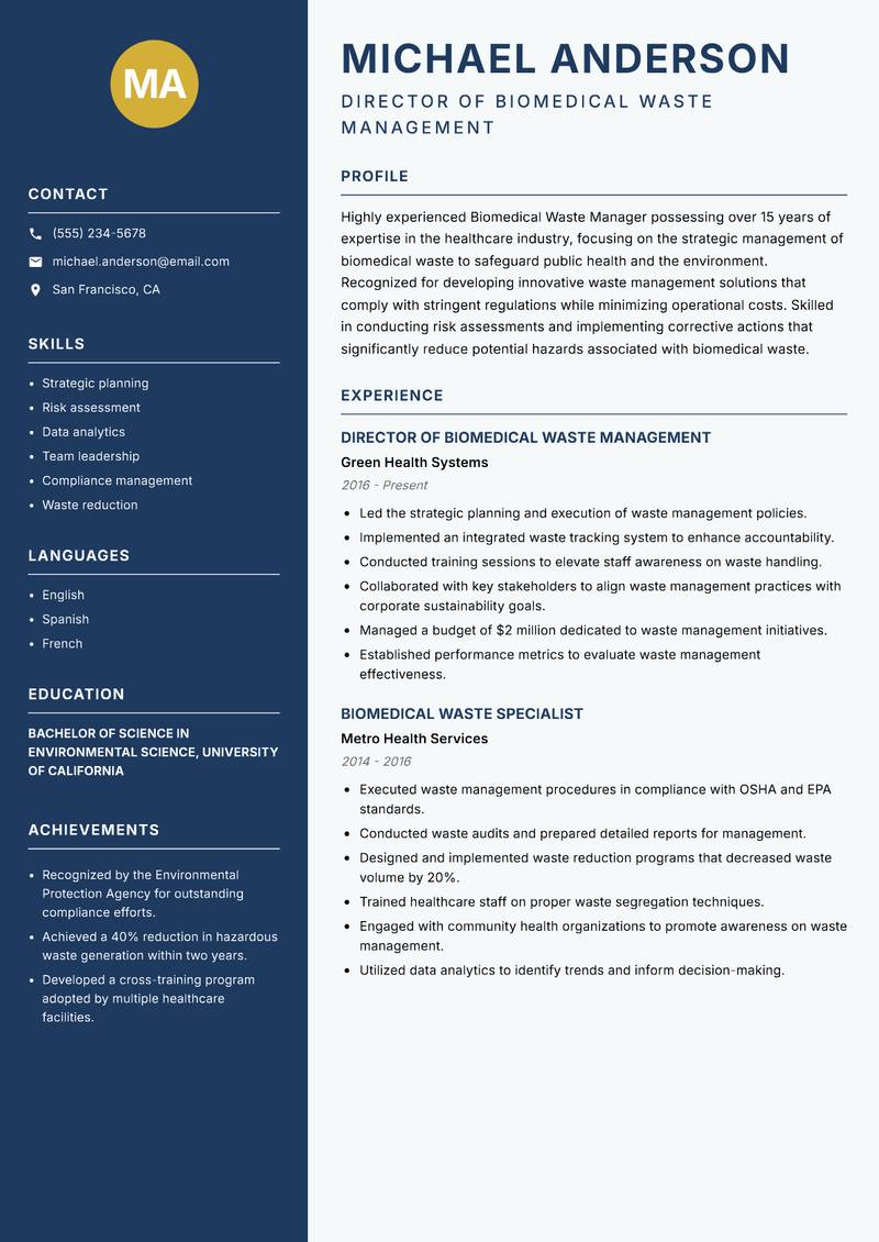 Biomedical Waste Manager resume template — Classic Clean