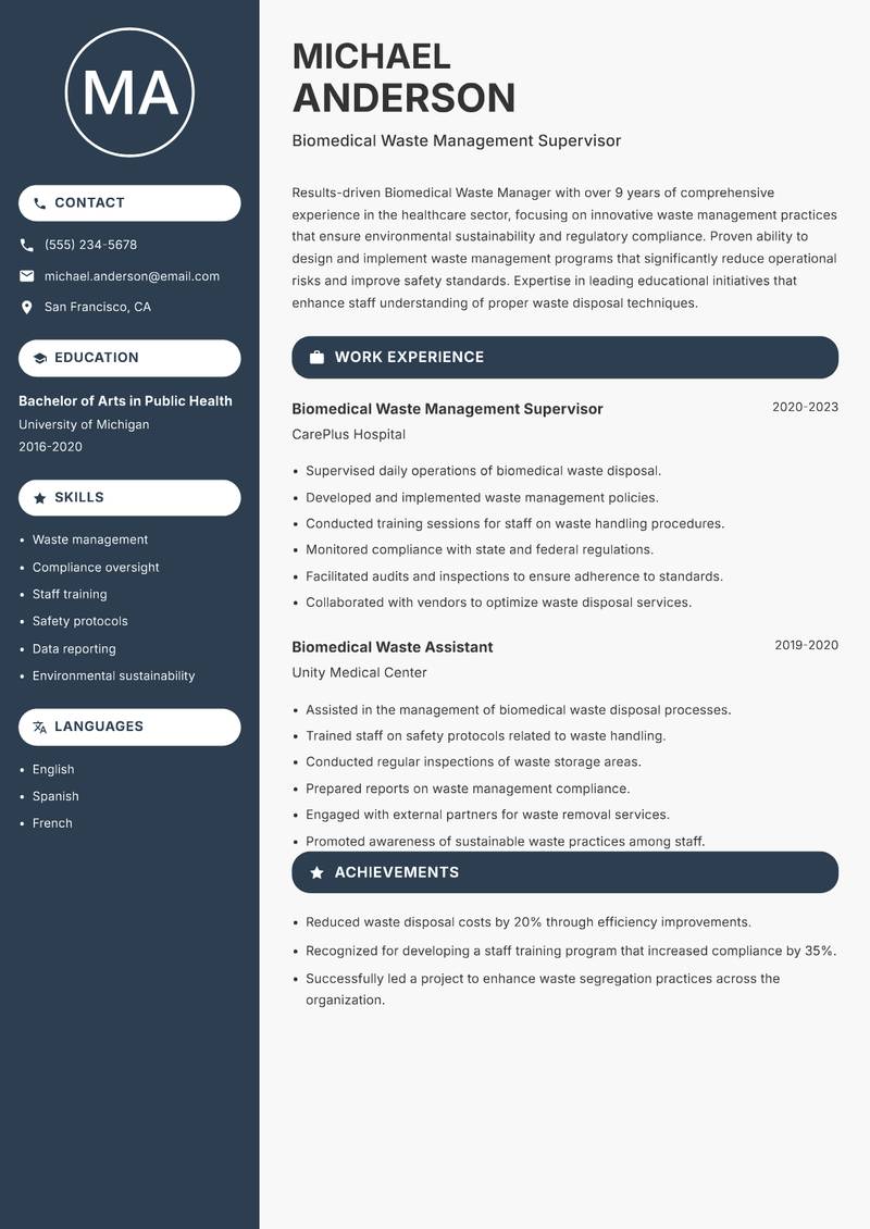 Biomedical Waste Manager resume template — Compact