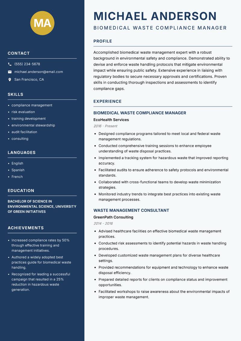 Biomedical Waste Officer resume template — Classic Clean