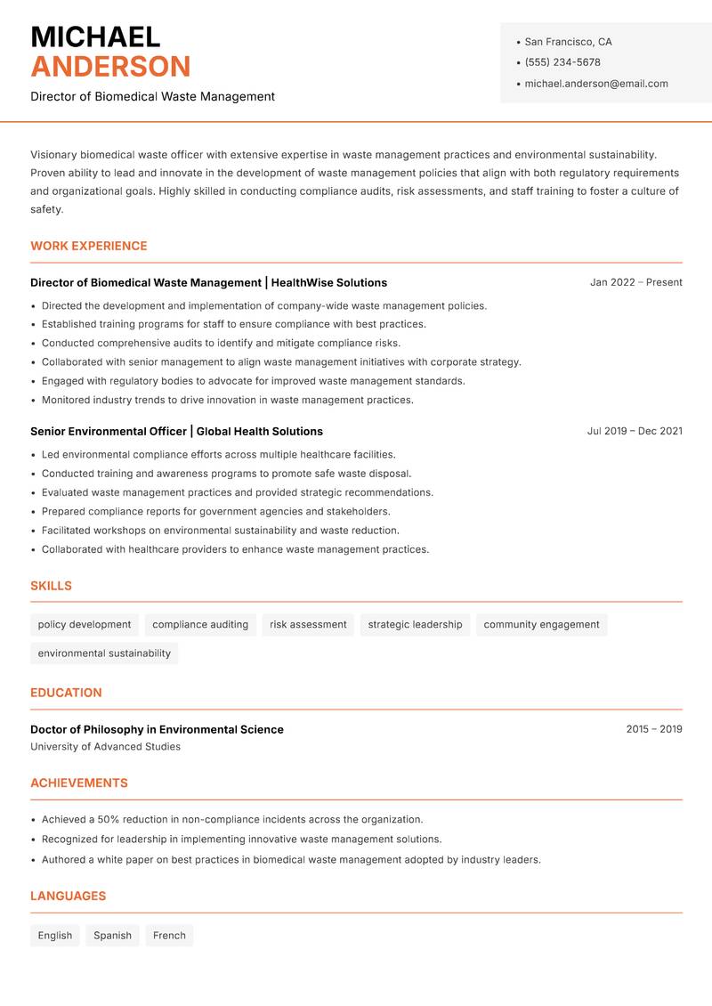 Biomedical Waste Officer resume template — Modern Professional