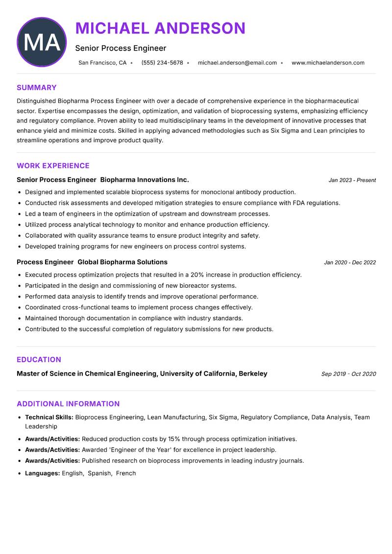 Biopharma Process Engineer resume example — ATS-friendly template