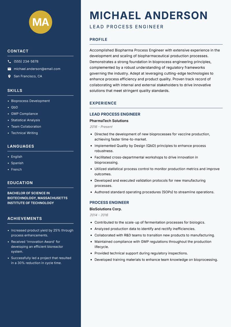 Biopharma Process Engineer resume template — Classic Clean