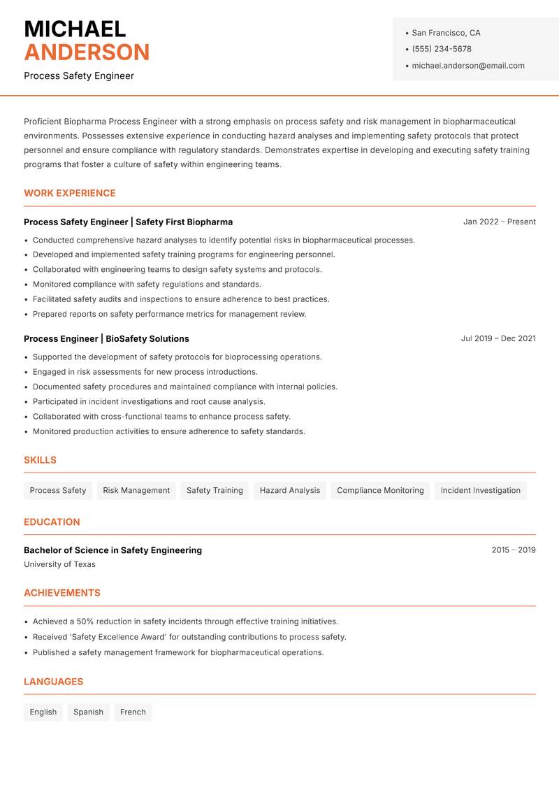 Biopharma Process Engineer resume template — Modern Professional