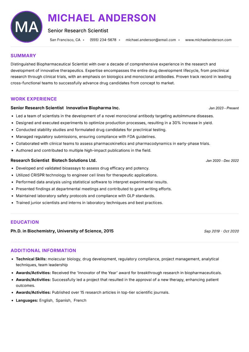 Biopharmaceutical Scientist resume example — ATS-friendly template