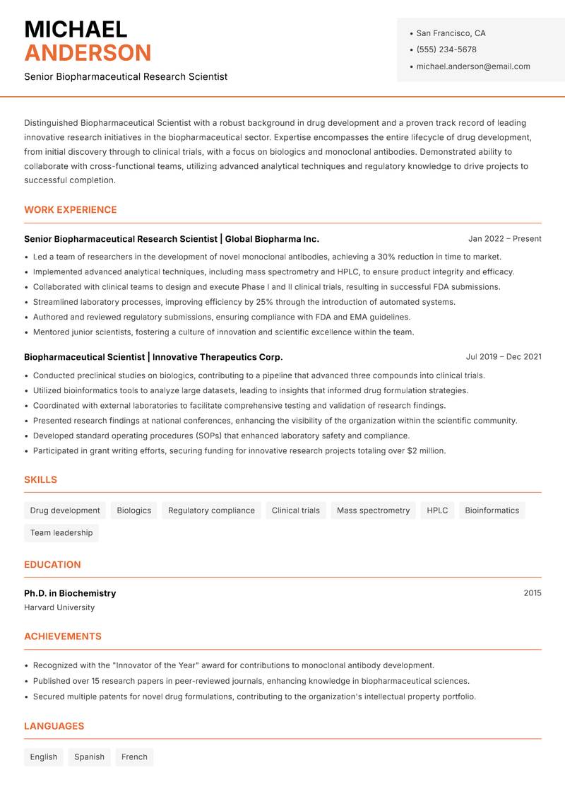 Biopharmaceutical Scientist resume template — Modern Professional