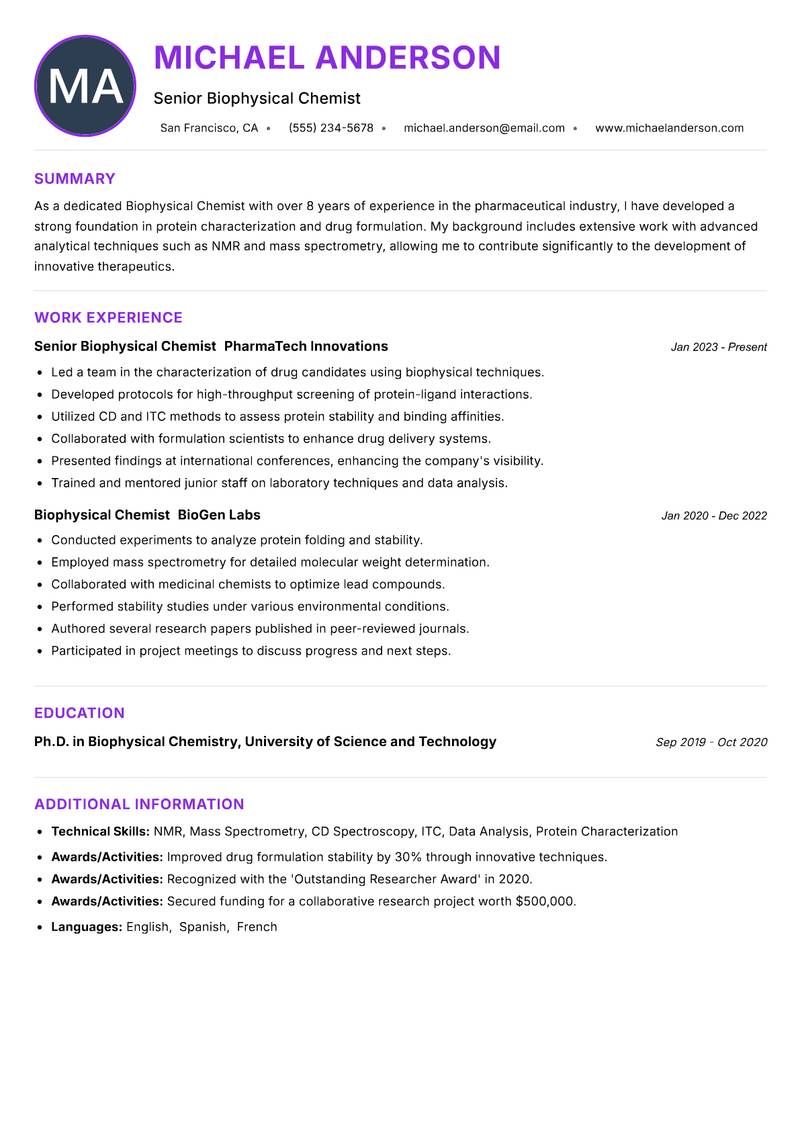 Biophysical Chemist resume example — ATS-friendly template