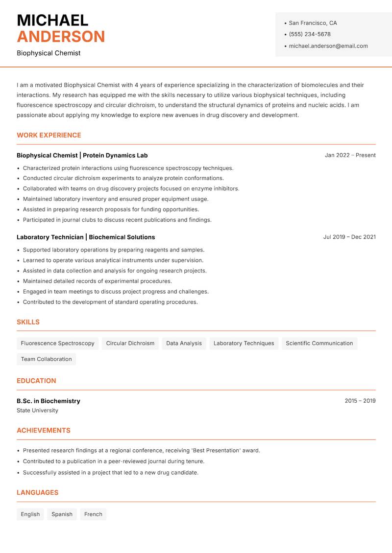 Biophysical Chemist resume template — Modern Professional