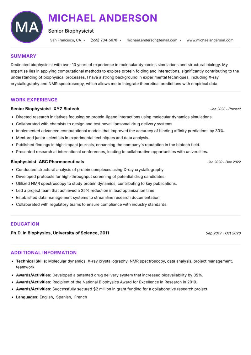Biophysicist resume example — ATS-friendly template