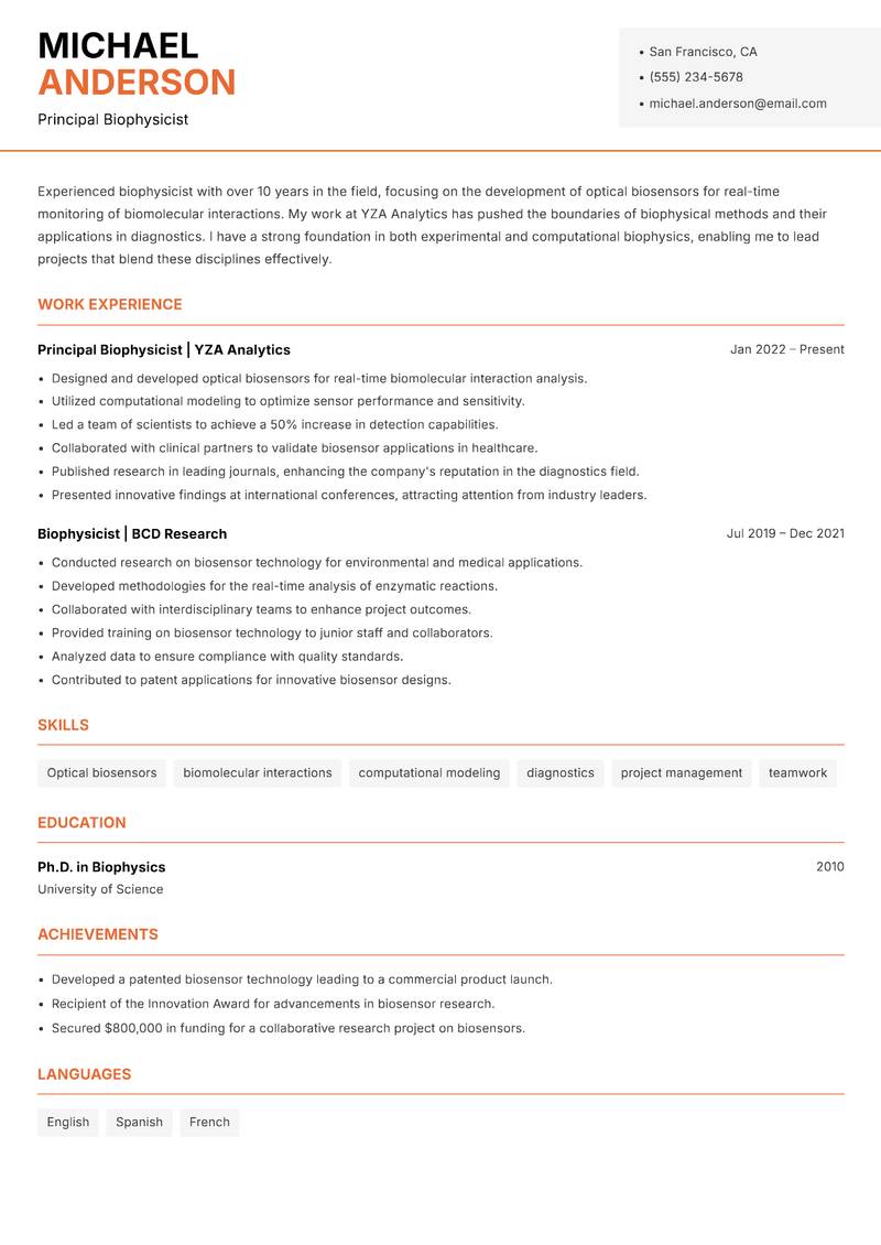 Biophysicist resume template — Modern Professional