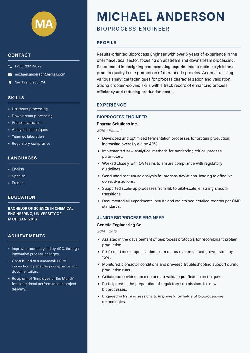 Bioprocess Engineer resume template — Classic Clean