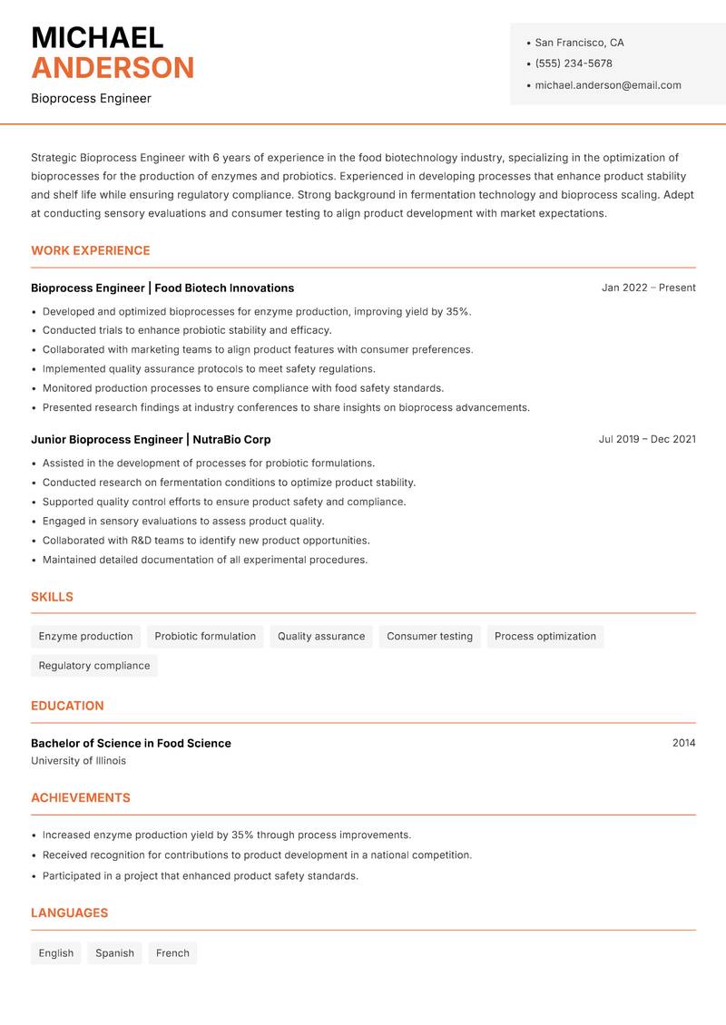 Bioprocess Engineer resume template — Modern Professional