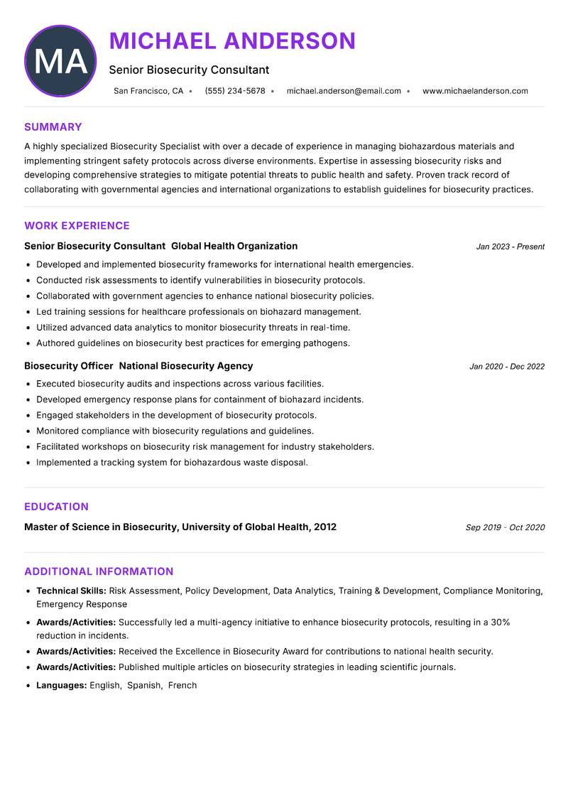 Biosecurity Specialist resume example — ATS-friendly template
