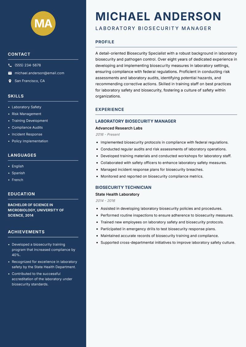 Biosecurity Specialist resume template — Classic Clean