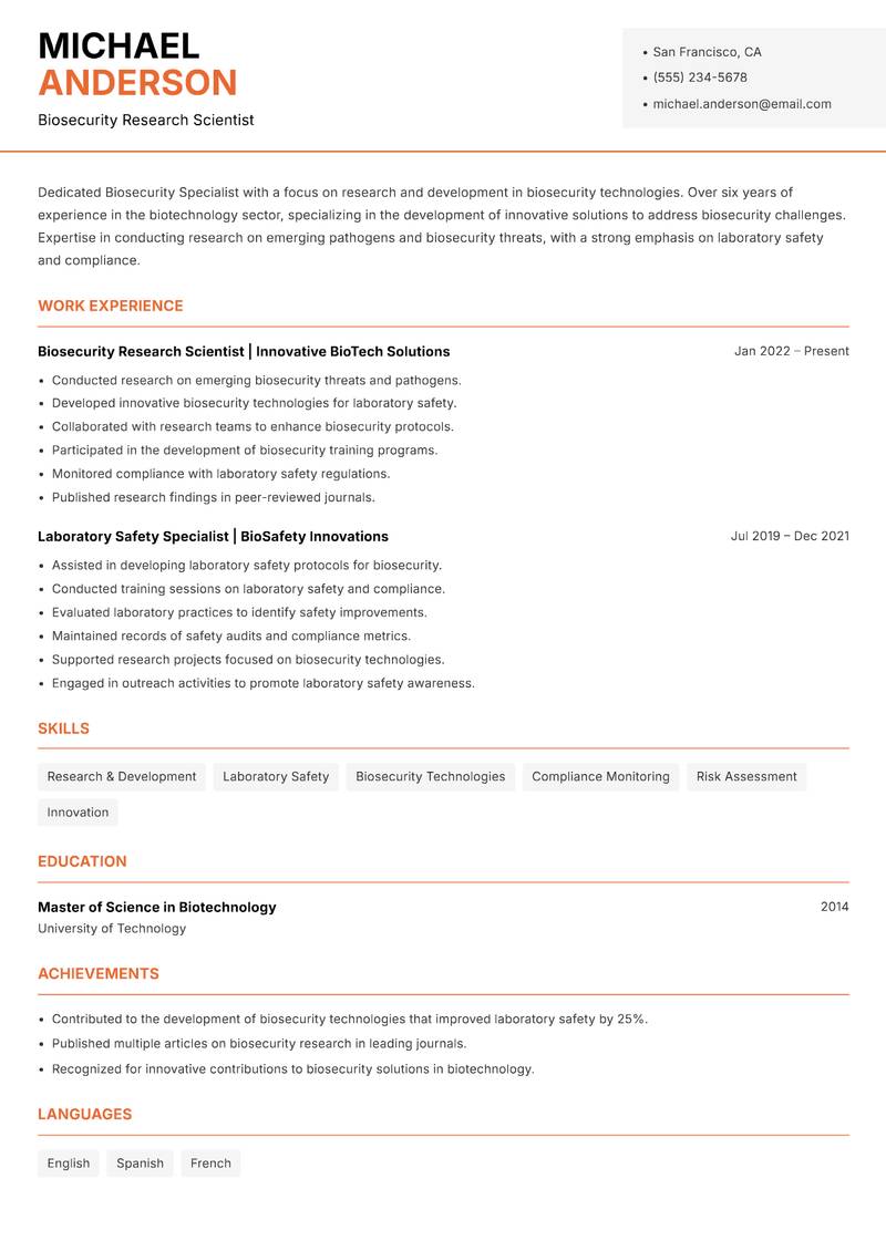 Biosecurity Specialist resume template — Modern Professional