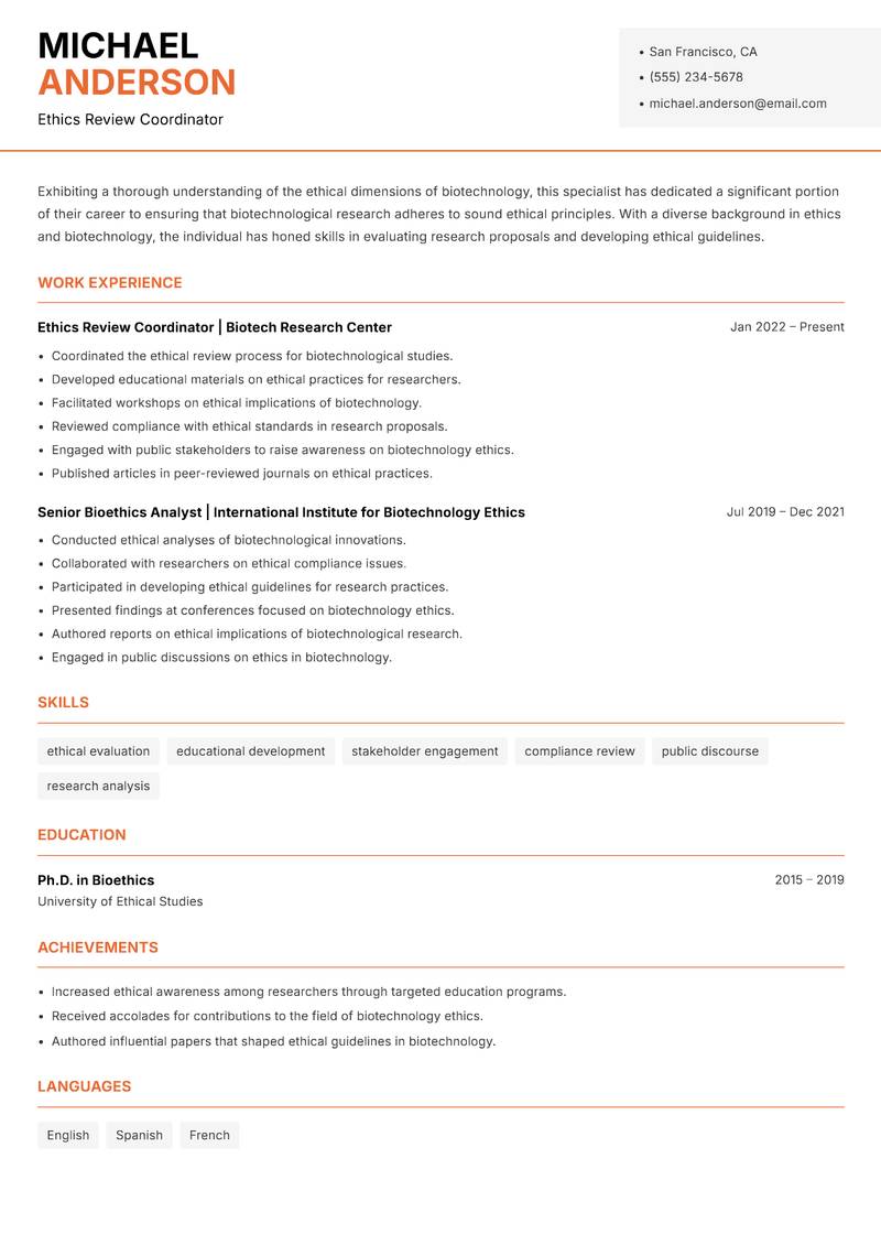 Biotech Ethics Specialist resume template — Modern Professional
