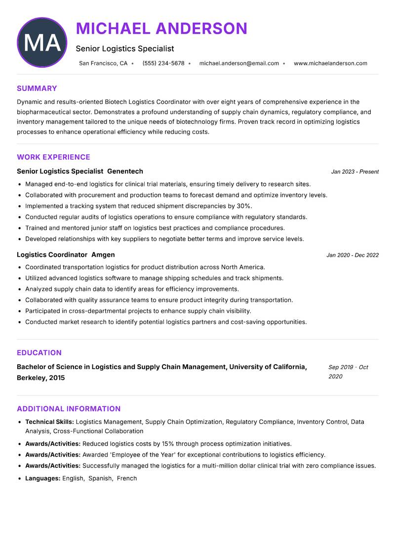Biotech Logistics Coordinator resume example — ATS-friendly template