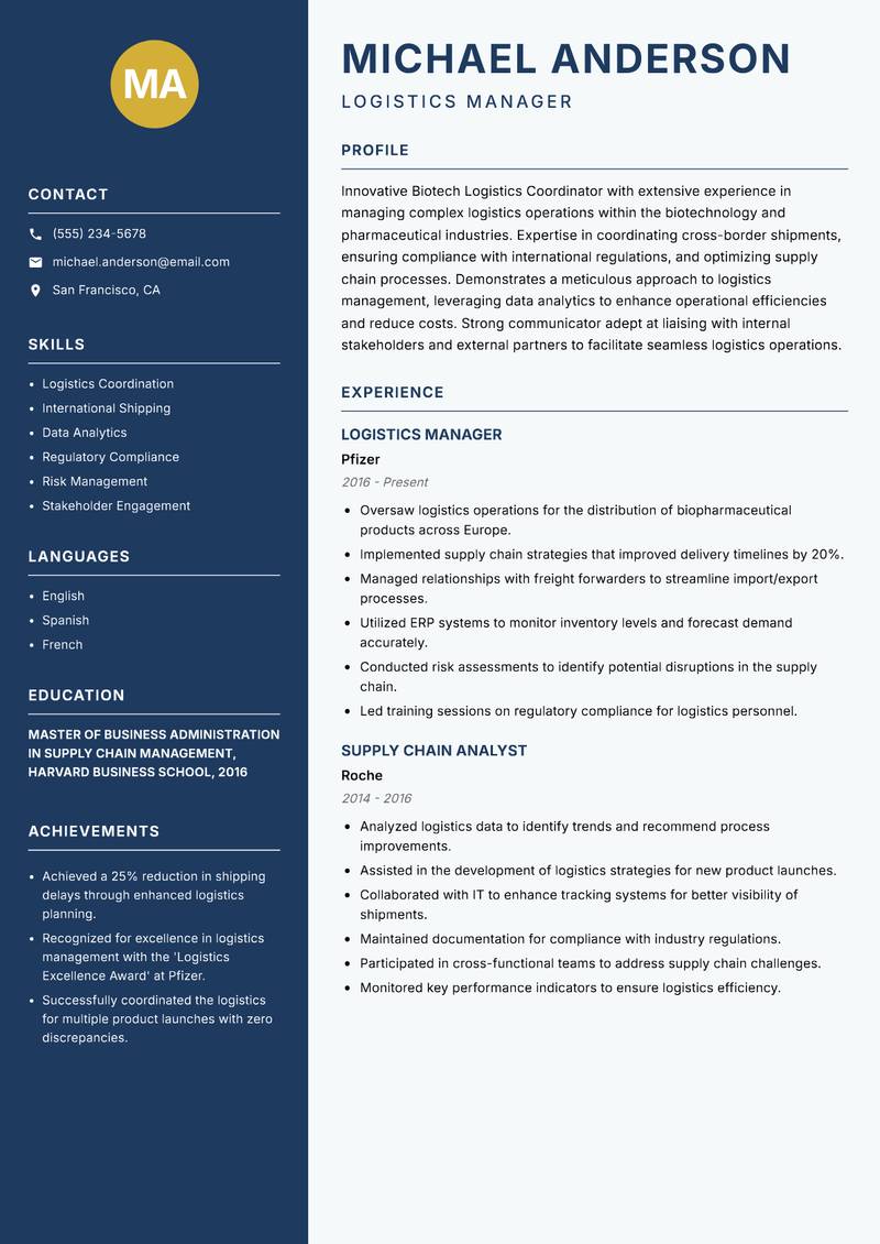 Biotech Logistics Coordinator resume template — Classic Clean