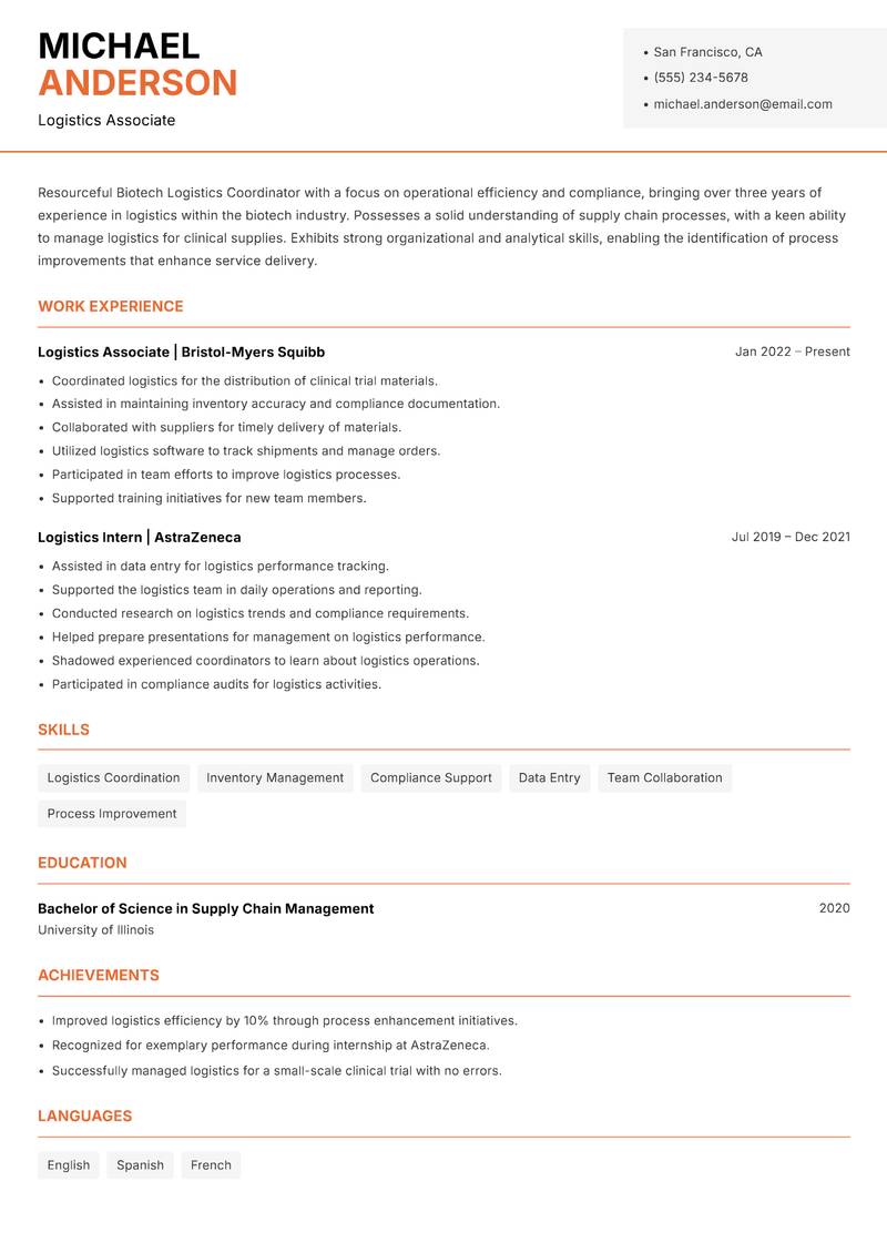 Biotech Logistics Coordinator resume template — Modern Professional